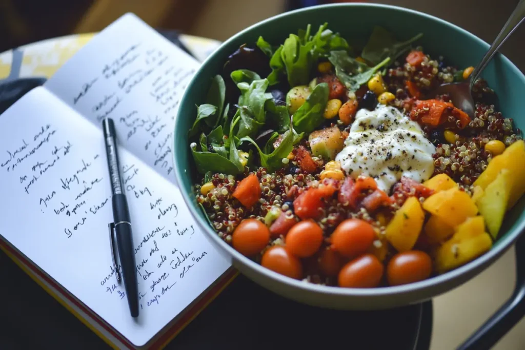 Natural Mounjaro Recipe: Healthy eating questions answered. A notebook with diet tips next to a quinoa bowl.