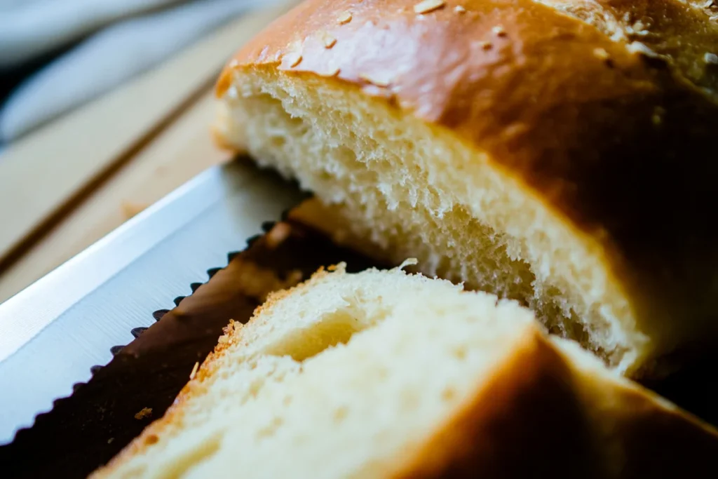 Partially sliced German bun, revealing its soft and airy texture.